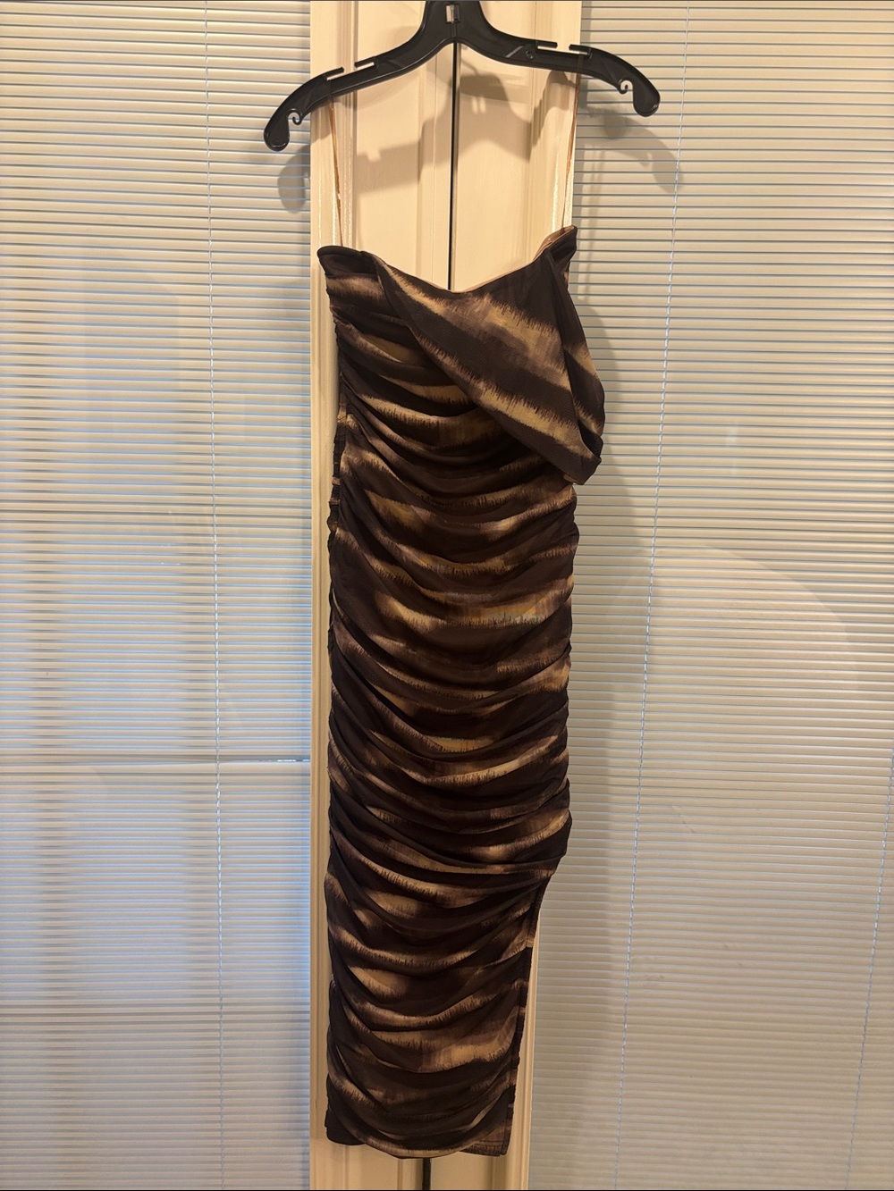 Elliatt Strapless Ruched Midi Dress in Brown and Gold